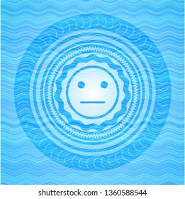 serious face icon inside sky blue water wave emblem background.
