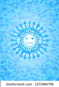 serious face icon inside sky blue emblem with mosaic background
