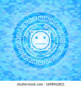 serious face icon inside sky blue emblem with mosaic ecological style background