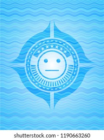 serious face icon inside water wave badge background.