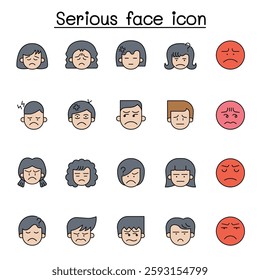 Serious face icon set in color line style
