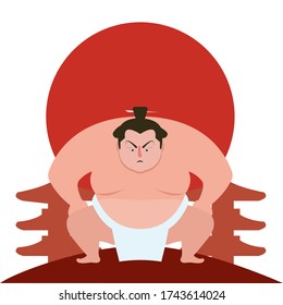 Serious face Sumo standing in crouch stance with red circle as background illustration