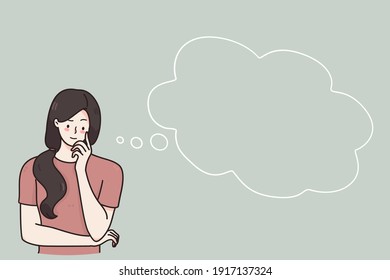 Serious facial expression, memory, thinking concept. Brunette woman carton character standing looking pensive trying to remember something with blank speech bubble illustration on grey wall