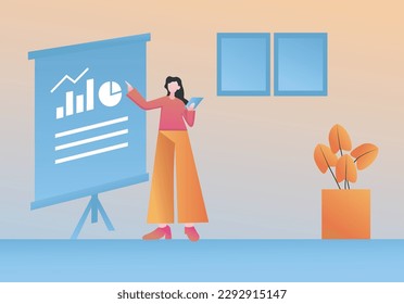 A serious female administrative manager in a modern suit in an office with a digital tablet is presenting.