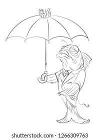 Serious fish in a suit with umbrella