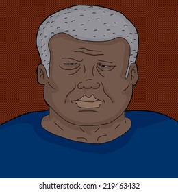 Serious frowning mature Black man in blue