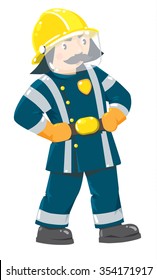 Serious funny firefighter or fireman with a mustache in the yellow helmet and retro uniform with reflective elements. Childrens vector illustration