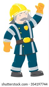 Serious funny firefighter or fireman with a mustache in the yellow helmet and retro uniform with reflective elements raised his hand up. Children's vector illustration