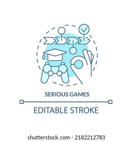 Serious Games Turquoise Concept Icon. Microlearning Way Abstract Idea Thin Line Illustration. Immersive Experience. Isolated Outline Drawing. Editable Stroke. Arial, Myriad Pro-Bold Fonts Used