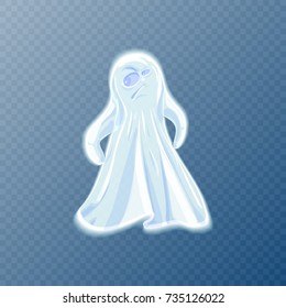 Serious ghost with suspicious face in white gown vector illustration on transparent background. Funny emoji emotion of suspect, phantom specter character