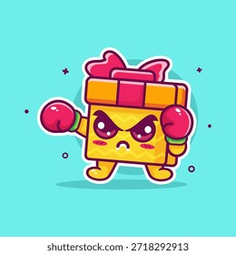 Caja de regalo seria Personaje Mascota Jugando Boxeo Deporte Dibujos Animados Aislados