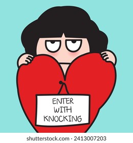 Serious Girl With Huge Red Heart And Sign Enter With Knocking On It Concept Card Character illustration