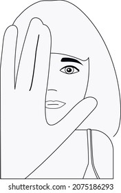Serious girl looks straight. Stop gesture. Avatar for girls. Vector graphics hand drawing black and white. 