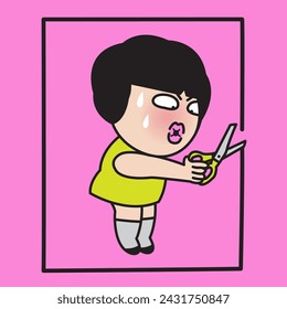 Serious Girl Need Space And Start To Cut Out The Square Concept Card Character illustration