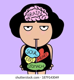 Serious Girl Showing Connection From Her Brain To Heart, Soul, Ego And Stomach Concept Card Character illustration