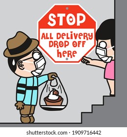 Serious Girl Showing Food Delivery Boy The Sign Of Her Home's Food Drop Off Area During Virus Pandemic Concept Card Character Illustration