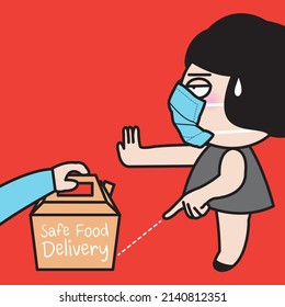 Serious Girl Wearing Face Mask Want To Limit Contact With Meal Delivery Person. Woman Lets Worker Or Driver Leave Food At Her Door. Safer Contactless Delivery During Coronavirus Pandemic Concept Card 