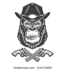 Serious gorilla head in sheriff hat with crossed pistols in vintage monochrome style isolated vector illustration