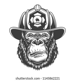 Serious gorilla in monochrome style in firefighter helmet. Vector illustration