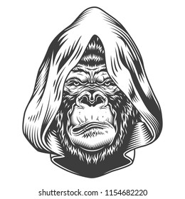 Serious gorilla in monochrome style in the hood. Vector vintage illustration