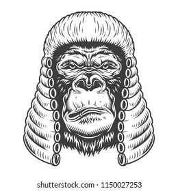 Serious gorilla in monochrome style in judge wig. Vector vintage illustration