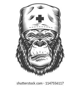 Serious gorilla in monochrome style in medical hat. Vector illustration