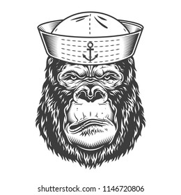 Serious gorilla in monochrome style in sailor hat. Vector illustration
