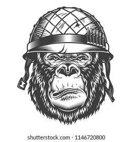 Serious gorilla in monochrome style in soldier helmet. Vector illustration