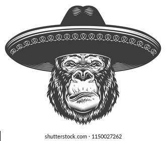 Serious gorilla in monochrome style in sombrero. Vector vintage illustration