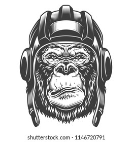 Serious gorilla in monochrome style in the tank helmet. Vector illustration