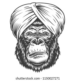 Serious gorilla in monochrome style in the turban. Vector vintage illustration