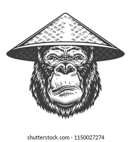 Serious gorilla in monochrome style in the vietnamese hat. Vector vintage illustration