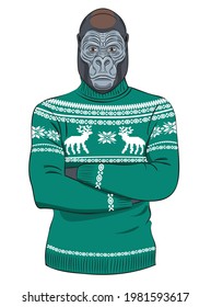 Serious gorilla in a sweater with a winter pattern with deer. Vector print illustration for sweatshirts, sweatshirts, t-shirts, posters, cards, pet supplies