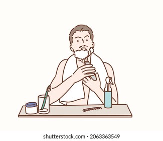 Serious guy shaving his beard. Hand drawn style vector design illustrations.