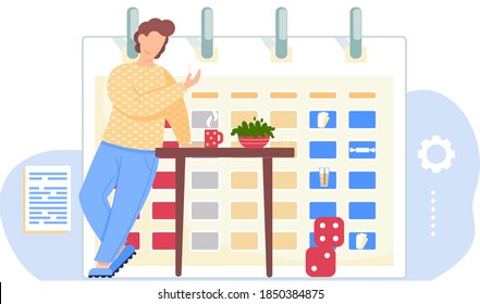 Serious guy standing with cards in his hands. Man thinks over the next move. Office work management. Timetable or a calendar on the background. Male character drinking tea. Cubes on the floor