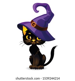 Serious halloween black cat in a witch hat. Cartoon style. Isolated illustration on a white background.
