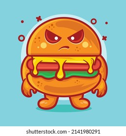 Serious hamburger food character mascot with angry expression isolated cartoon in flat style design 