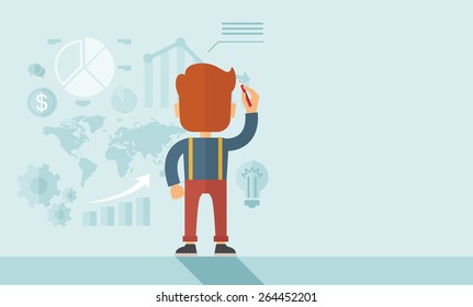 Serious, hardworking Caucasian hipster businessman standing on the right side corner, facing backward, holding a pen illustrating his marketing strategy with graphs and symbols. Leadership, reporting