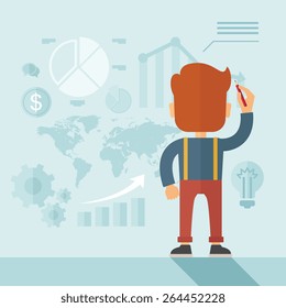 Serious, hardworking Caucasian hipster businessman standing on the right side corner, facing backward, holding a pen illustrating his marketing strategy with graphs and symbols. Leadership, reporting