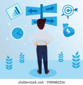 Serious, hardworking employee standing on the middle side , facing backward, holding his waist illustration, marketing strategy with graphs and symbols. Leadership