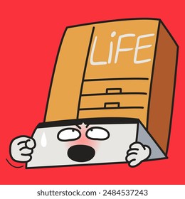 Serious Human Rock Face Carry Heavy Cupboard Of Life Concept Card Character illustration