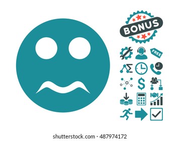 Serious icon with bonus pictogram. Vector illustration style is flat iconic bicolor symbols, soft blue colors, white background.