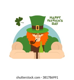 Serious leprechaun and bottle of beer. Brutal Leprechaun at  bar. dreaded dwarf drinking green El.  big Red Beard and  Green Hat cylinder. Pipe leprechaun. Character for St. Patrick's day in Ireland  