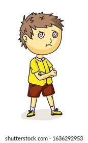 Serious little boy cartoon character isolated on white. Angry preschooler standing with arms crossed on chest and looking aside. Sad frustrated preschool child expressing anger. Vector illustration