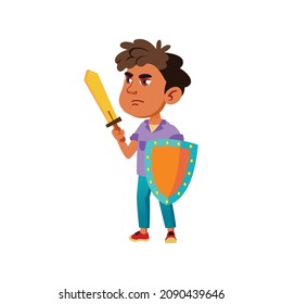 serious little boy play in knight with shield and sword cartoon vector. serious little boy play in knight with shield and sword character. isolated flat cartoon illustration