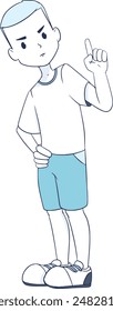 Serious little boy shaking finger to warn line illustration