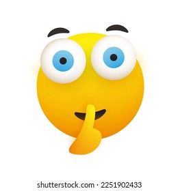 Gestos de cara Emoji de aspecto serio, Dedo en labios, Mostrando advertencia, Permanecer callado, Hacer signo de silencio - Emoticono amarillo, cara con ojos abiertos aislados en fondo blanco - Ilustración de diseño de vectores