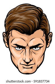 A serious looking handsome mans face in a cartoon pop art comic book style 