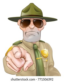 A serious looking park ranger or forest ranger pointing