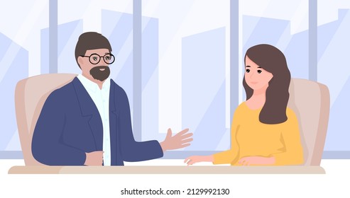 Serious male and female sitting at the desk and discussing problems. Man and woman telling their expert views on business, politic, economic situation.